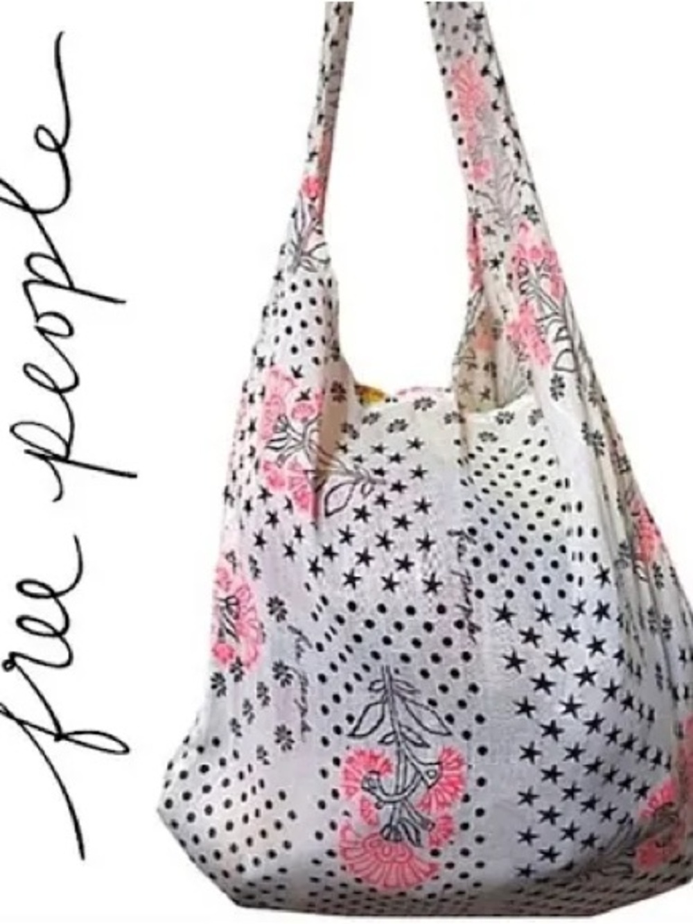 Free People Printed Slouchy Hobo Tote Bag | Boho Floral Star Print Shoulder Bag
